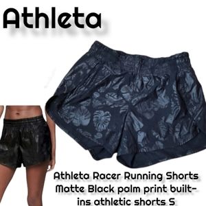 Athleta Racer Running Shorts Matte Black palm print built-ins liner women's S